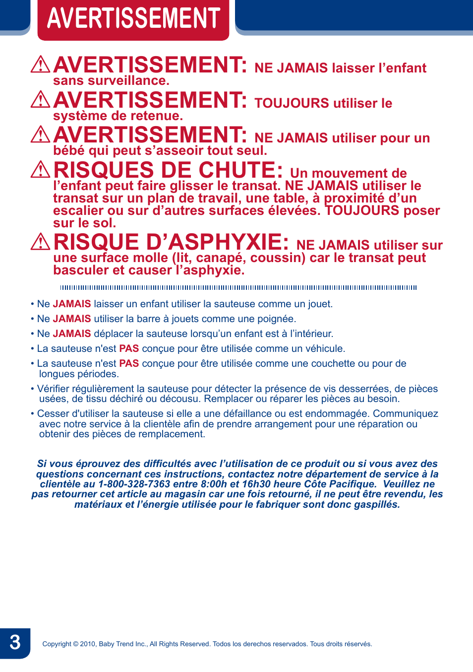 Avertissement, Risques de chute, Risque d’asphyxie | BabyTrend BC20990 - TREND EZ BOUNCER - MONKEY AROUND User Manual | Page 5 / 20