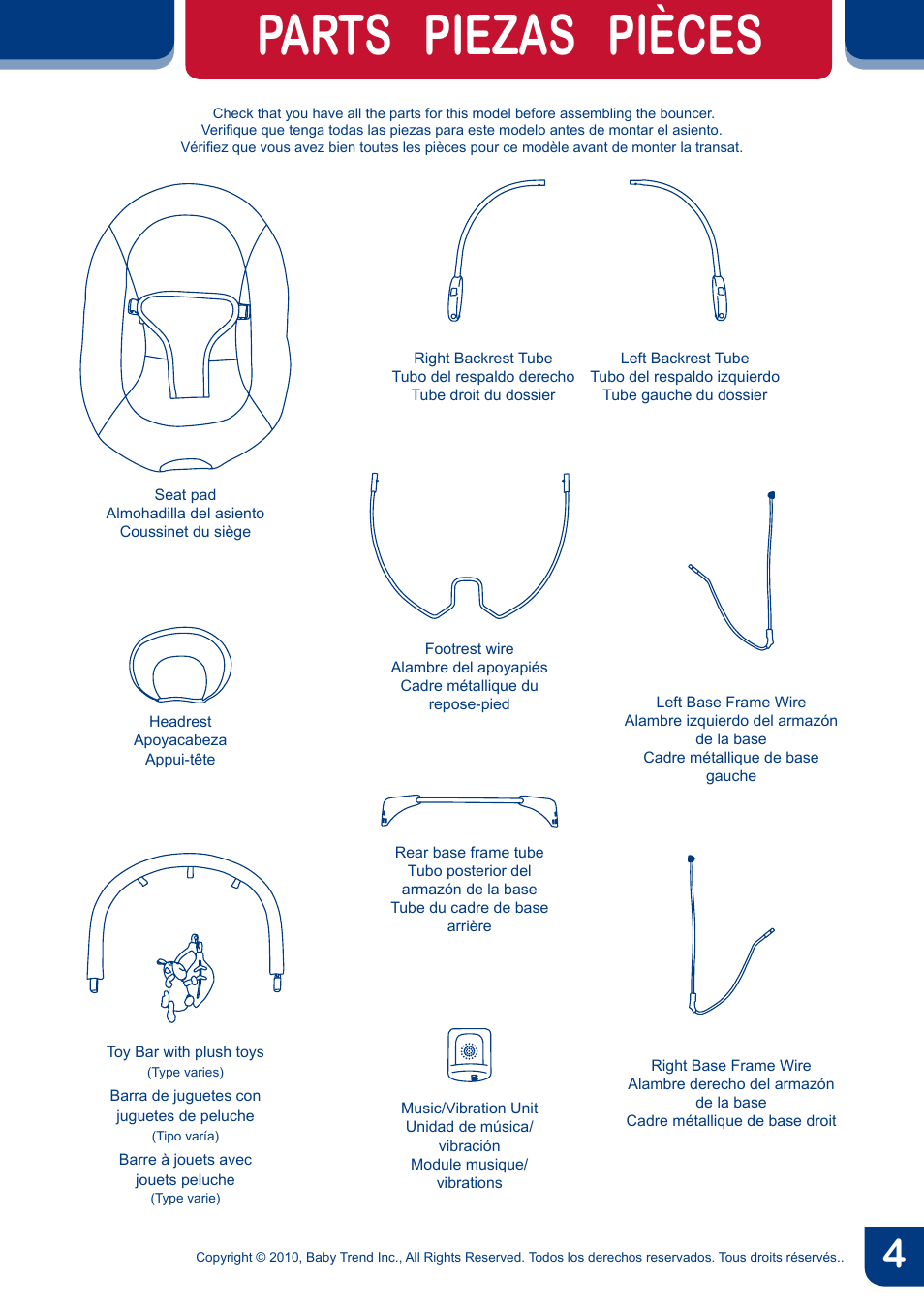 Parts piezas pièces | BabyTrend BC20990 - TREND EZ BOUNCER - MONKEY AROUND User Manual | Page 6 / 20