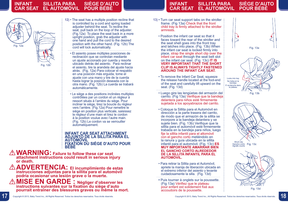 Warning, Advertencia, Mise en garde | BabyTrend TS40723 - EZ RIDE5 TRAVEL SYSTEM - CAPRI User Manual | Page 10 / 12