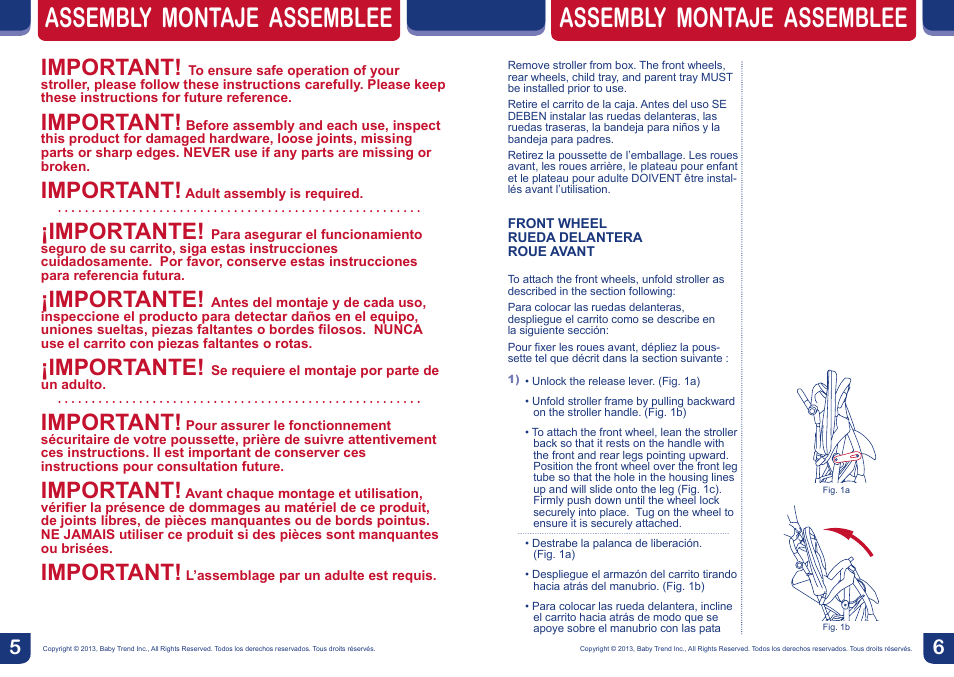 Assembly montaje assemblee, Important, Importante | BabyTrend TS40723 - EZ RIDE5 TRAVEL SYSTEM - CAPRI User Manual | Page 4 / 12