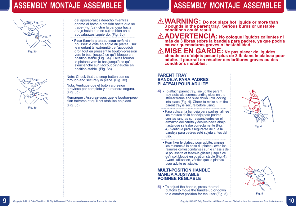 Assembly montaje assemblee, Warning, Advertencia | Mise en garde | BabyTrend TS40723 - EZ RIDE5 TRAVEL SYSTEM - CAPRI User Manual | Page 6 / 12