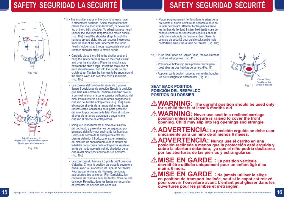 Safety seguridad la sécurité, Safety seguridad sécurité, Warning | Advertencia, Mise en garde | BabyTrend TS40723 - EZ RIDE5 TRAVEL SYSTEM - CAPRI User Manual | Page 9 / 12
