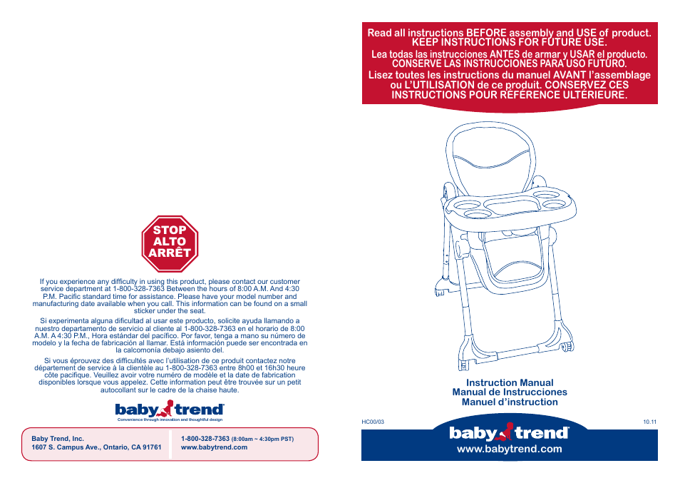BabyTrend HC00400 - TREND HIGH CHAIR - COLUMBIA User Manual | 14 pages