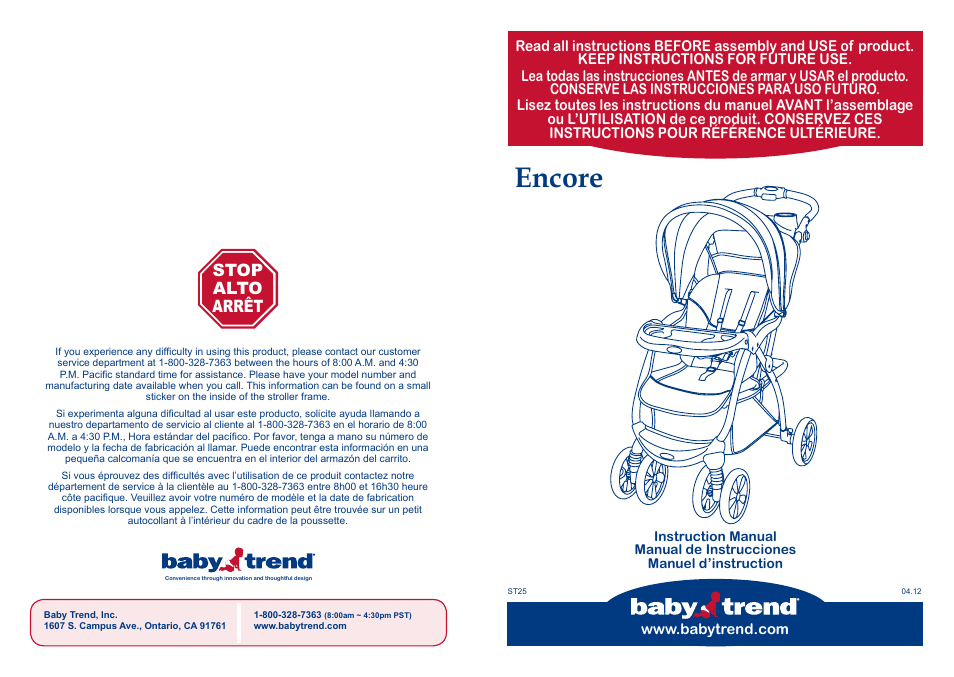 BabyTrend TS25823 - ENCORE TRAVEL SYSTEM - EMILY User Manual | 12 pages