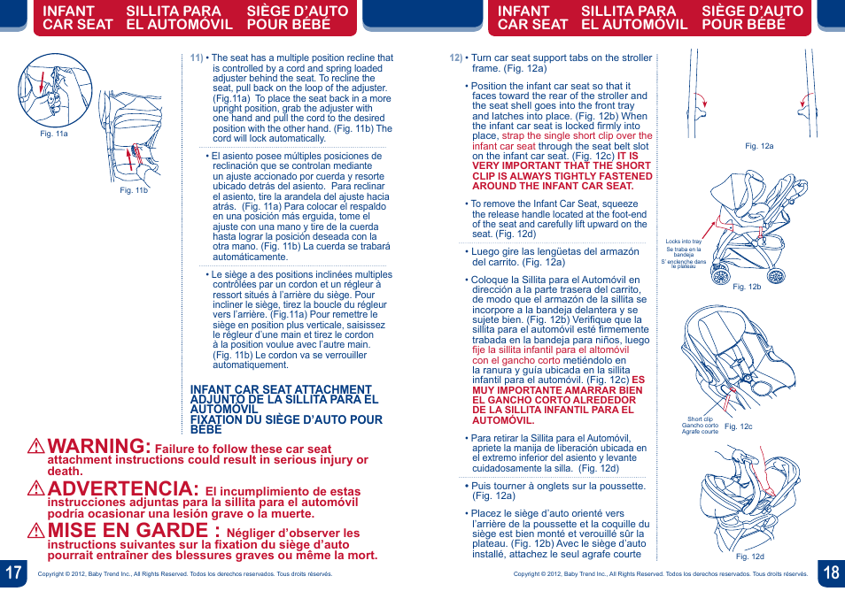Warning, Advertencia, Mise en garde | BabyTrend TS25823 - ENCORE TRAVEL SYSTEM - EMILY User Manual | Page 10 / 12