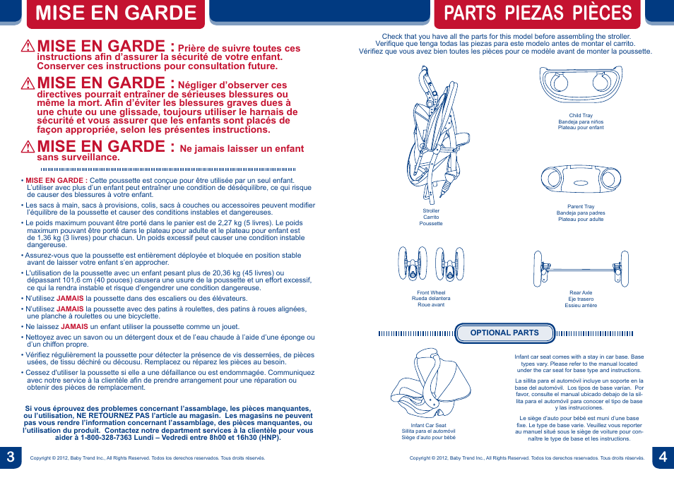 Mise en garde, Parts piezas pièces | BabyTrend TS25823 - ENCORE TRAVEL SYSTEM - EMILY User Manual | Page 3 / 12