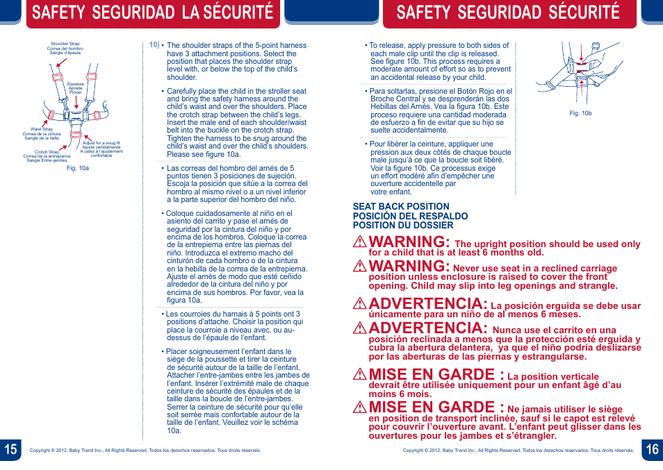 Safety seguridad la sécurité, Safety seguridad sécurité, Warning | Advertencia, Mise en garde | BabyTrend TS25823 - ENCORE TRAVEL SYSTEM - EMILY User Manual | Page 9 / 12
