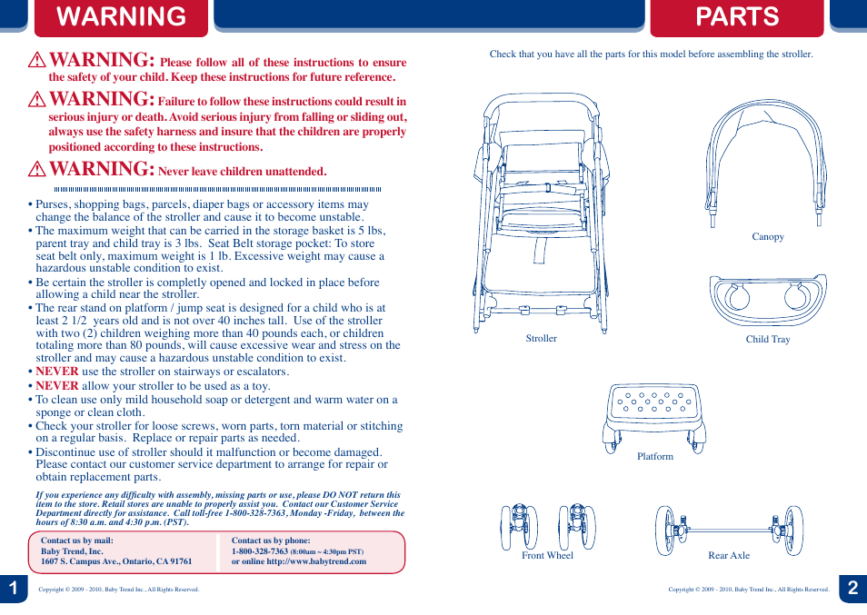 Parts warning, Warning | BabyTrend SS70762 - TAG-A-LONG LT - RED ROCK User Manual | Page 2 / 6
