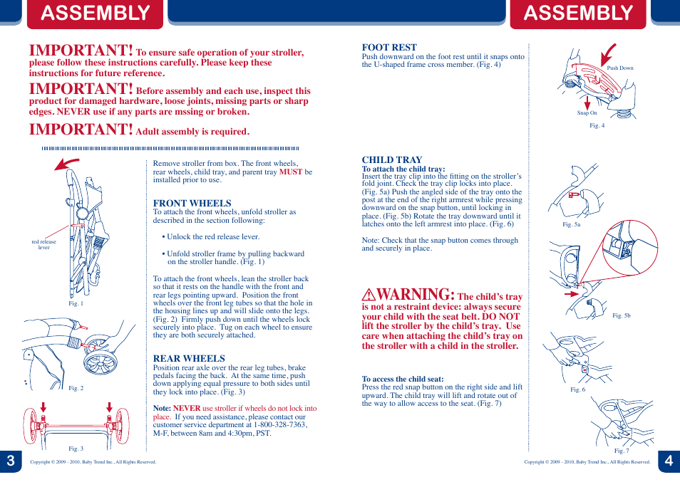 Assembly, Warning, Important | BabyTrend SS70762 - TAG-A-LONG LT - RED ROCK User Manual | Page 3 / 6