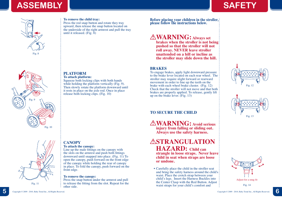 Assembly safety, Warning, Strangulation hazard | BabyTrend SS70762 - TAG-A-LONG LT - RED ROCK User Manual | Page 4 / 6
