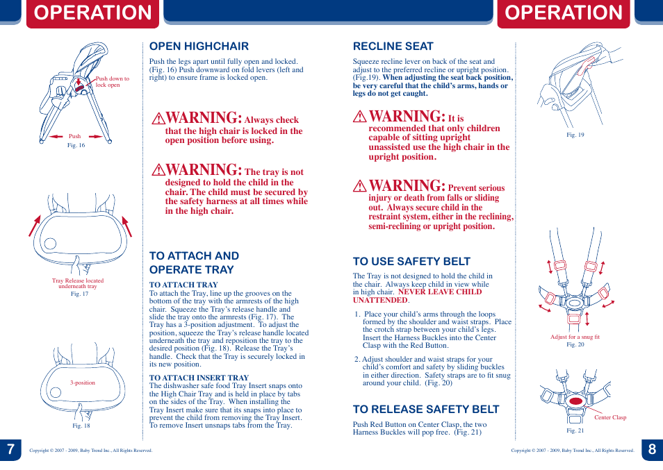 Operation, Warning | BabyTrend HC01060 - TREND HIGH CHAIR - KIKU User Manual | Page 5 / 6