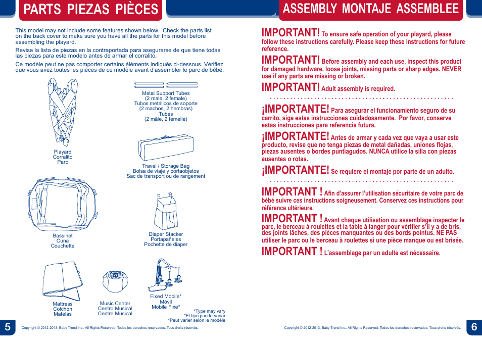 Parts piezas pièces, Assembly montaje assemblee, Important | Importante | BabyTrend PY81833 - NURSERY CENTER - SCOOTER User Manual | Page 4 / 14