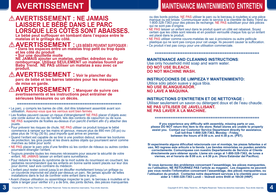 Maintenance mantenimiento entretien avertissement, Avertissement | BabyTrend PY87974 - DELUXE NURSERY CENTER - ARTISAN User Manual | Page 3 / 22