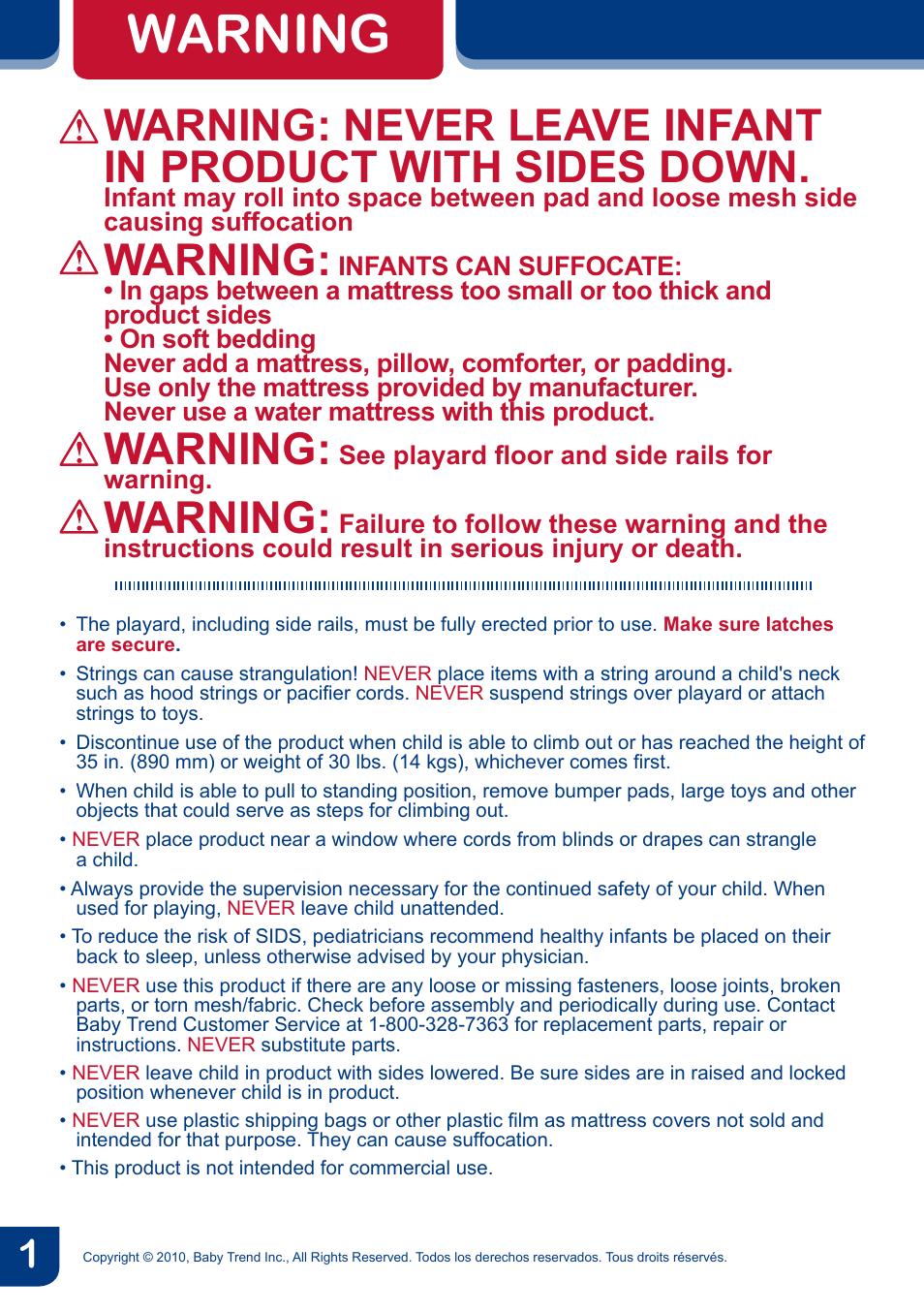 Warning | BabyTrend PY91960 - NURSERY CENTER - KIKU User Manual | Page 3 / 32