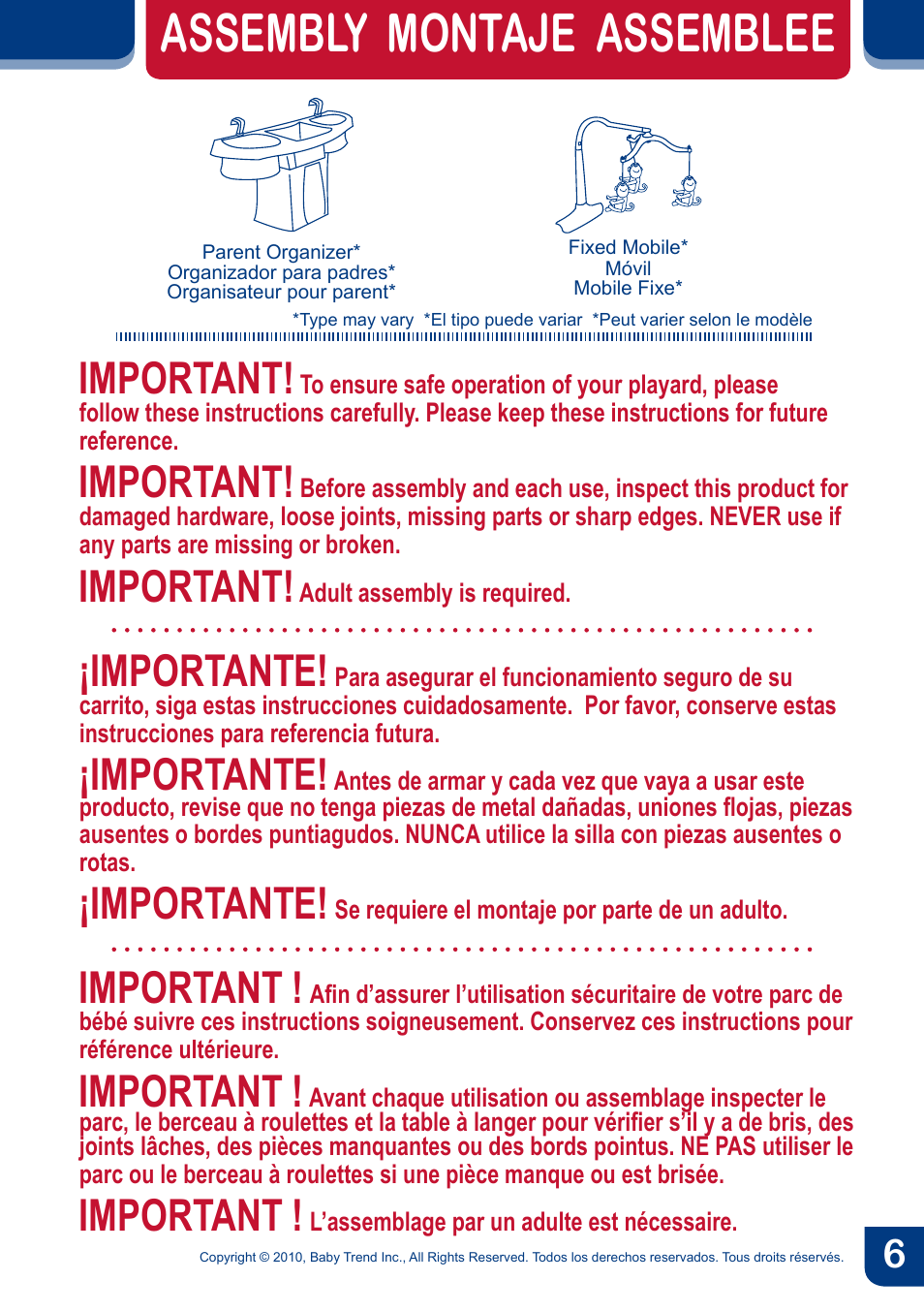 Assembly montaje assemblee, Important, Importante | BabyTrend PY91960 - NURSERY CENTER - KIKU User Manual | Page 8 / 32