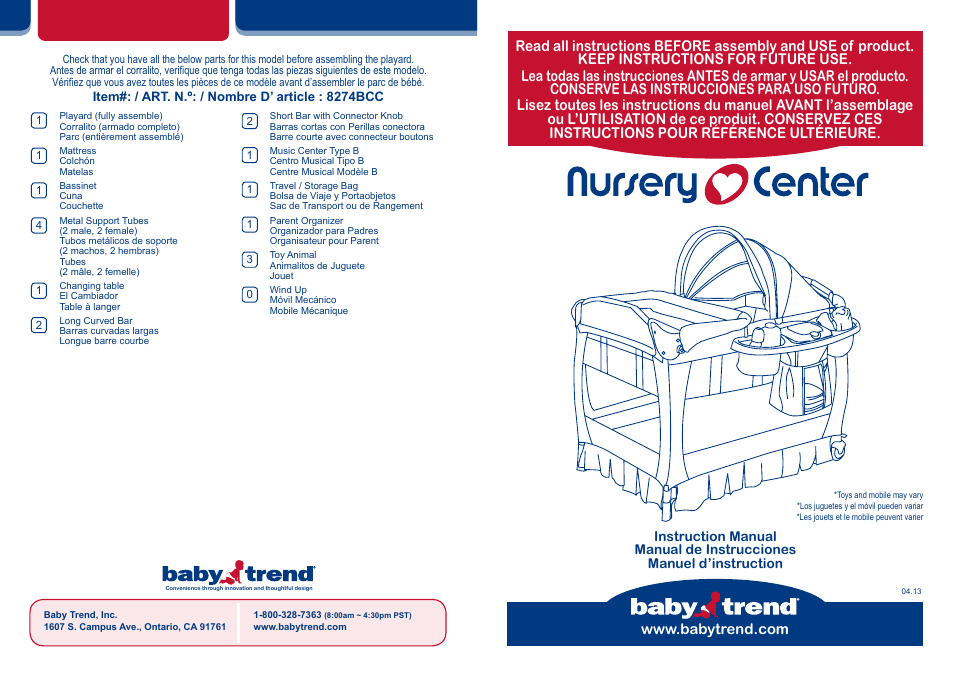 BabyTrend 8274BCC - DELUXE NURSERY CENTER - HAVENWOOD User Manual | 20 pages