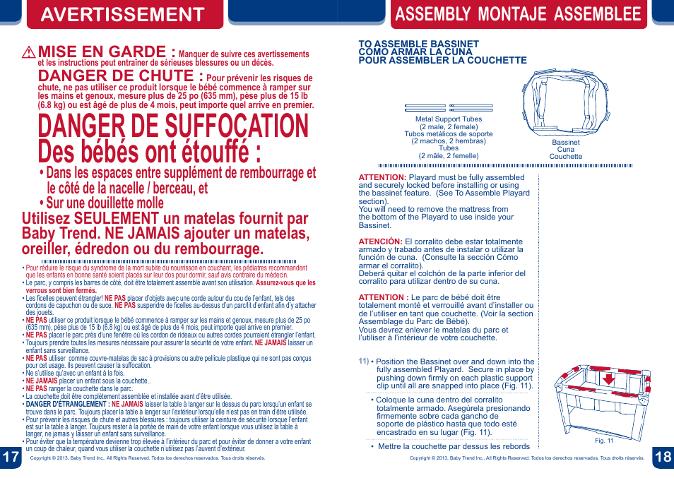 Danger de suffocation des bébés ont étouffé, Avertissement assembly montaje assemblee, Mise en garde | Danger de chute | BabyTrend 8274BCC - DELUXE NURSERY CENTER - HAVENWOOD User Manual | Page 10 / 20