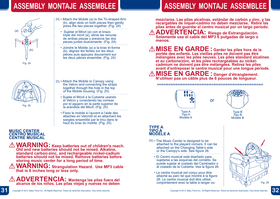 Assembly montaje assemblee, Advertencia, Mise en garde | Warning | BabyTrend 8274BCC - DELUXE NURSERY CENTER - HAVENWOOD User Manual | Page 17 / 20
