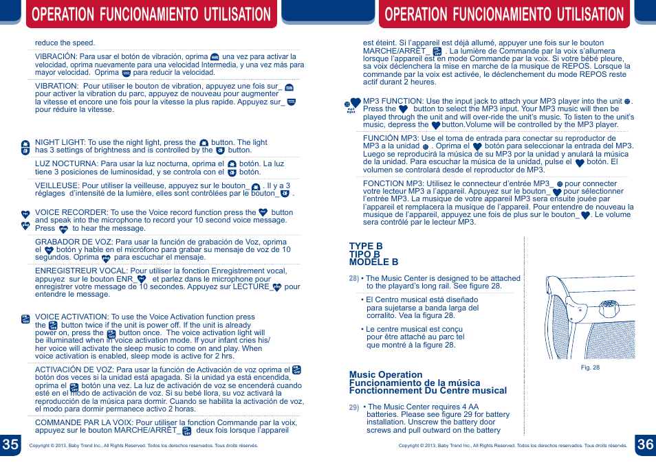 Operation funcionamiento utilisation | BabyTrend 8274BCC - DELUXE NURSERY CENTER - HAVENWOOD User Manual | Page 19 / 20