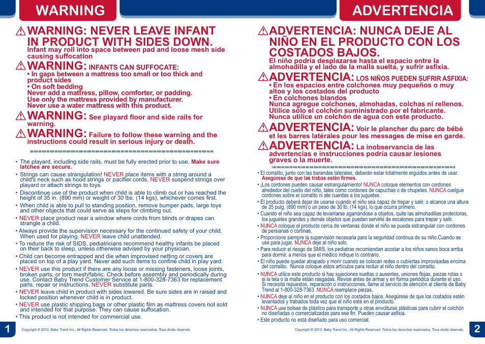 Warning advertencia, Advertencia, Warning | BabyTrend 8274BCC - DELUXE NURSERY CENTER - HAVENWOOD User Manual | Page 2 / 20