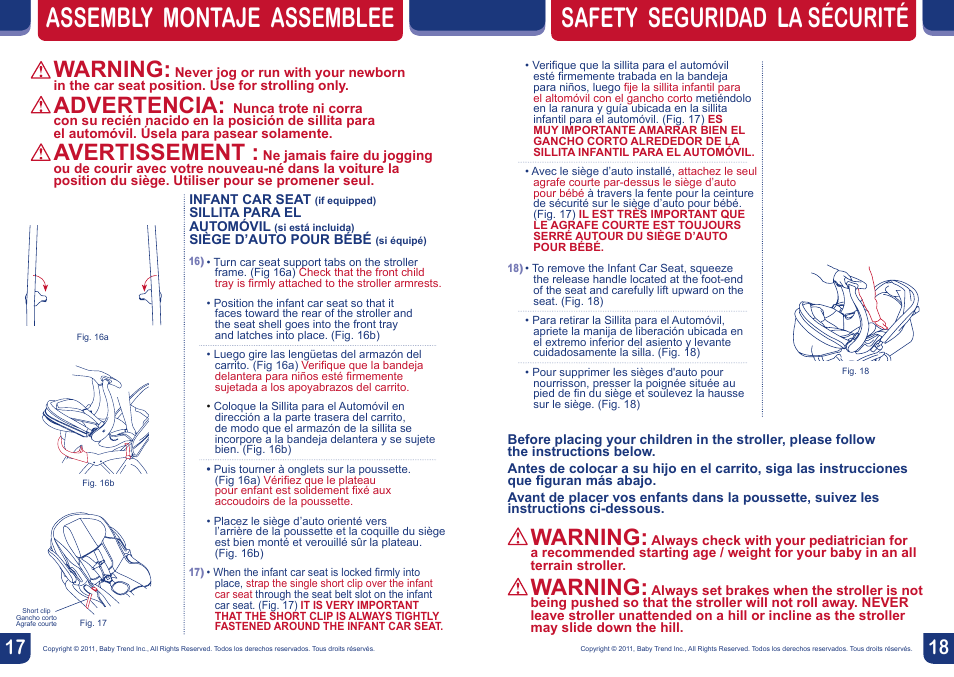 Assembly montaje assemblee, Safety seguridad la sécurité, Warning | Advertencia, Avertissement | BabyTrend JG87718 - EXPEDITION EX JOGGER- EDGE User Manual | Page 10 / 16