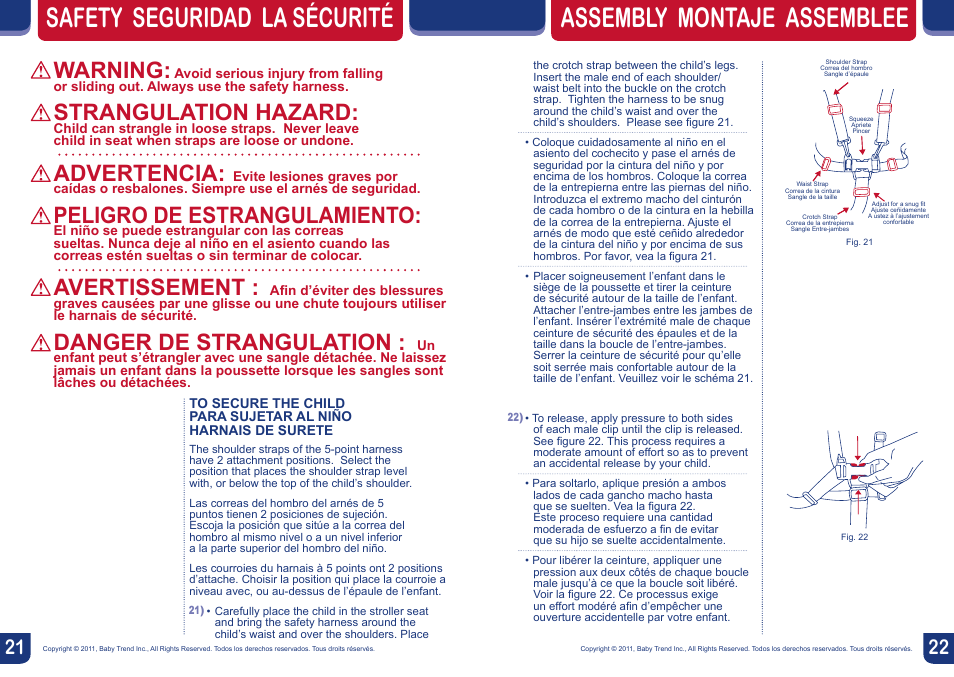 Assembly montaje assemblee, Safety seguridad la sécurité, Warning | Strangulation hazard, Advertencia, Peligro de estrangulamiento, Avertissement, Danger de strangulation | BabyTrend JG87718 - EXPEDITION EX JOGGER- EDGE User Manual | Page 12 / 16