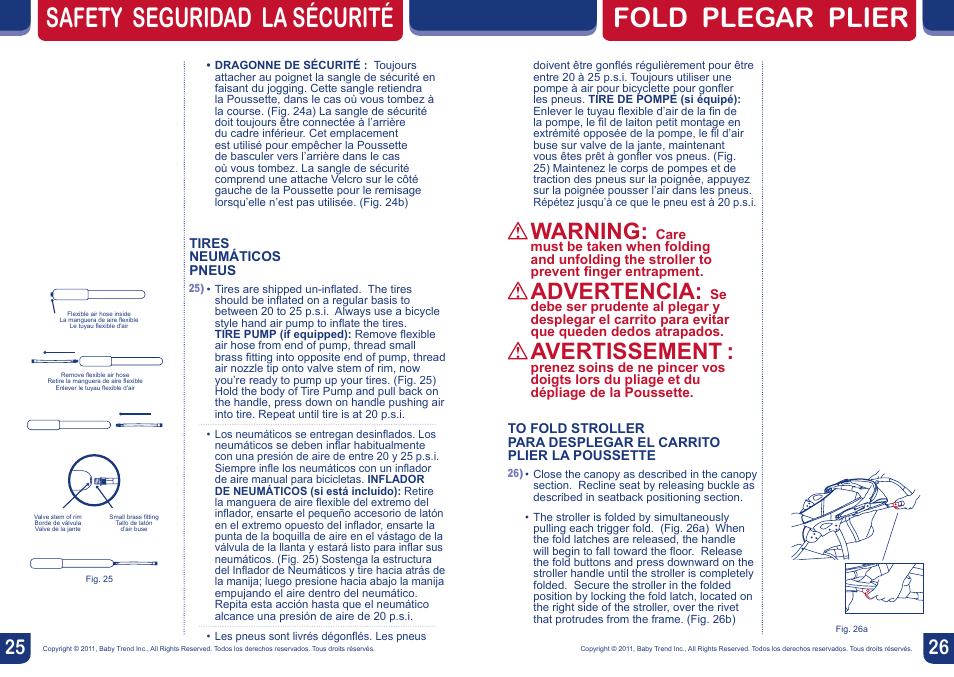 Fold plegar plier safety seguridad la sécurité, Warning, Advertencia | Avertissement | BabyTrend JG87718 - EXPEDITION EX JOGGER- EDGE User Manual | Page 14 / 16