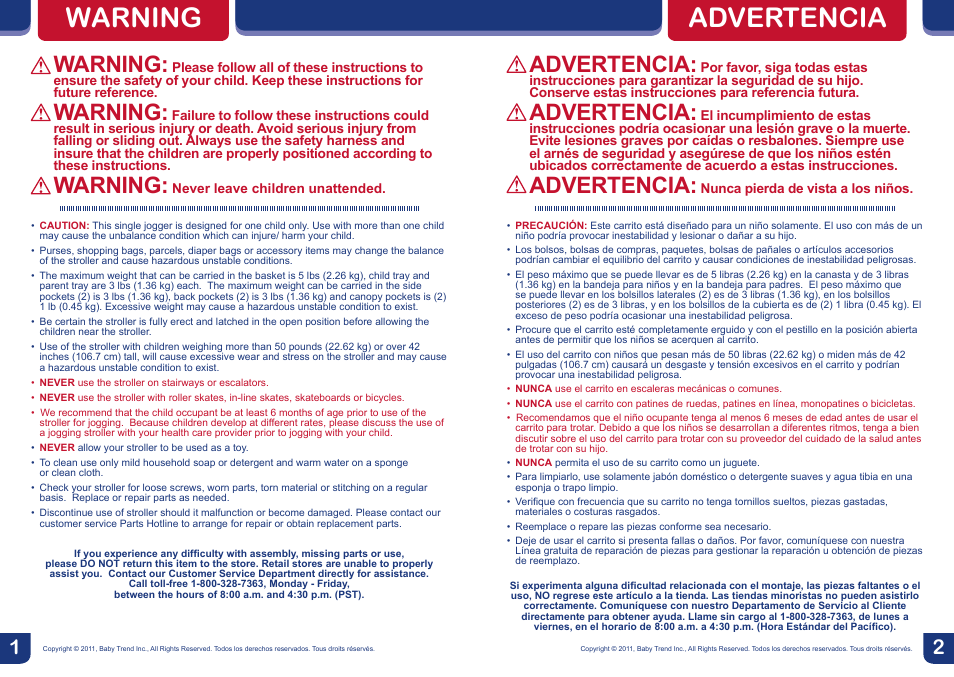 Warning, Advertencia | BabyTrend JG87718 - EXPEDITION EX JOGGER- EDGE User Manual | Page 2 / 16