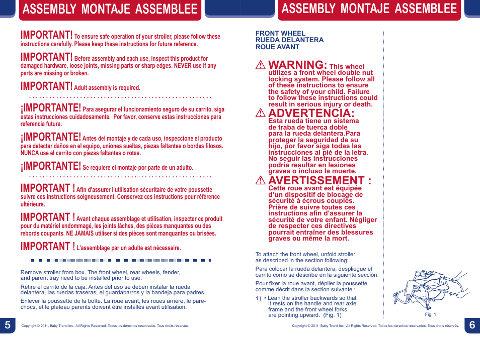 Assembly montaje assemblee, Important, Importante | Warning, Advertencia, Avertissement | BabyTrend JG87718 - EXPEDITION EX JOGGER- EDGE User Manual | Page 4 / 16