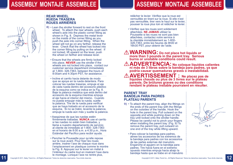 Assembly montaje assemblee, Warning, Advertencia | Avertissement | BabyTrend JG87718 - EXPEDITION EX JOGGER- EDGE User Manual | Page 7 / 16