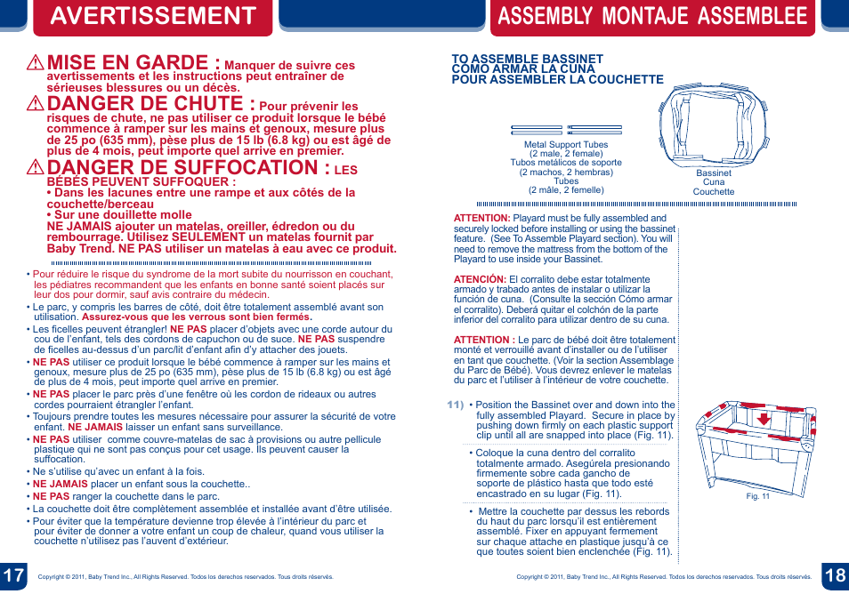 Avertissement, Assembly montaje assemblee, Mise en garde | Danger de chute, Danger de suffocation | BabyTrend PY81957 - NURSERY CENTER - JUNGLE FRIENDS User Manual | Page 10 / 12