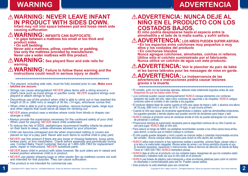 Warning, Advertencia | BabyTrend PY81957 - NURSERY CENTER - JUNGLE FRIENDS User Manual | Page 2 / 12