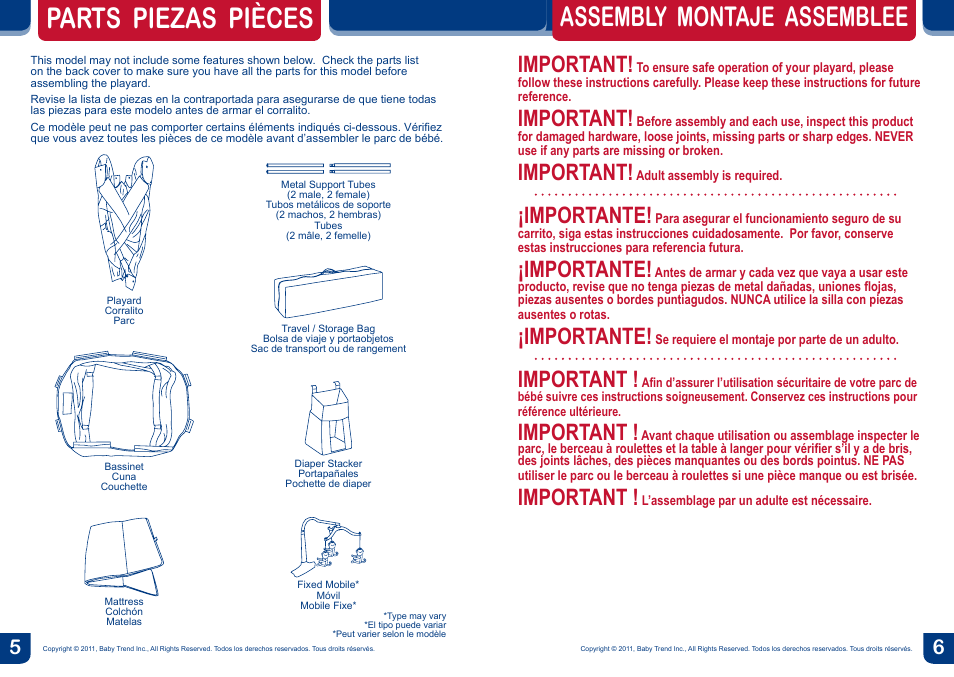 Parts piezas pièces, Assembly montaje assemblee, Important | Importante | BabyTrend PY81957 - NURSERY CENTER - JUNGLE FRIENDS User Manual | Page 4 / 12
