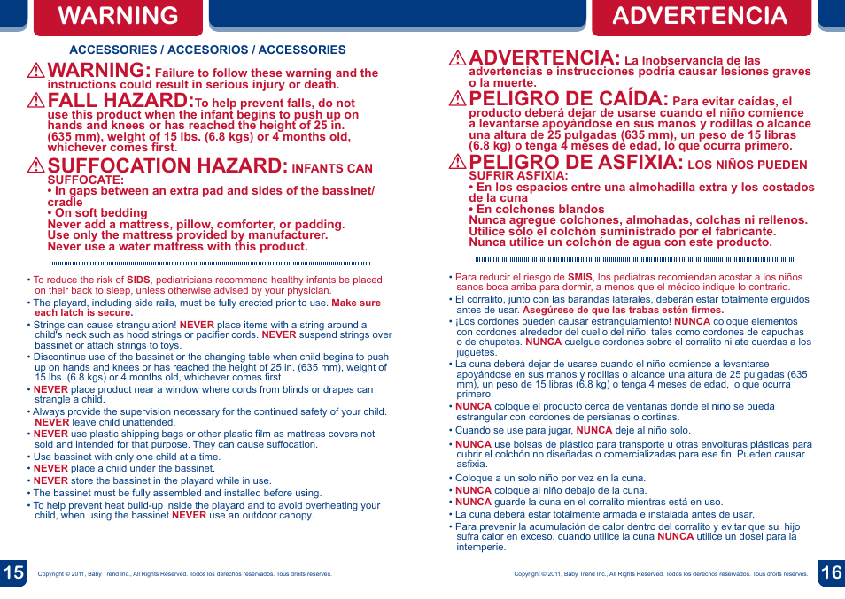 Warning, Advertencia, Fall hazard | Suffocation hazard, Peligro de caída, Peligro de asfixia | BabyTrend PY81957 - NURSERY CENTER - JUNGLE FRIENDS User Manual | Page 9 / 12