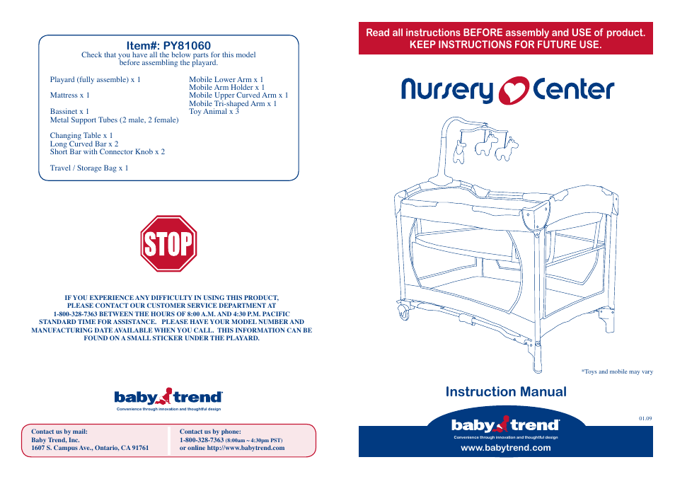 BabyTrend PY81060 - NURSERY CENTER - KIKU User Manual | 8 pages