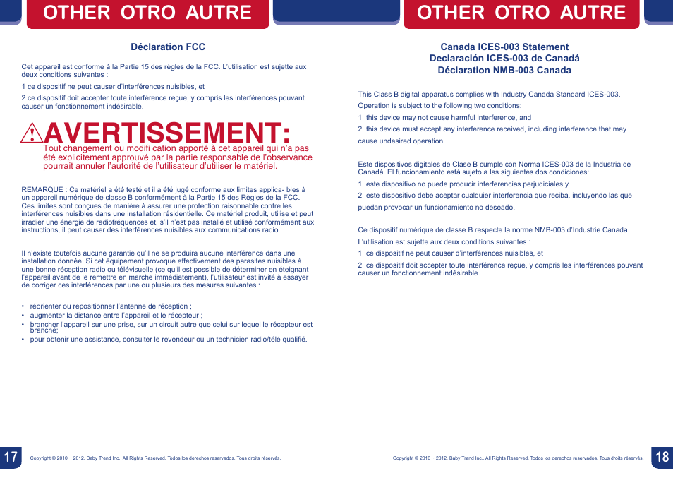 Avertissement, Other otro autre | BabyTrend BC26834 - TREND BOUNCER - JUNGLE SAFARI User Manual | Page 10 / 10