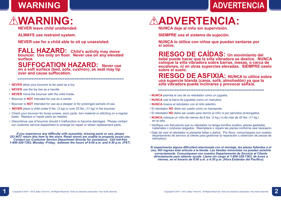 Warning, Advertencia, Advertencia warning | Fall hazard, Suffocation hazard, Riesgo de caídas, Riesgo de asfixia | BabyTrend BC26834 - TREND BOUNCER - JUNGLE SAFARI User Manual | Page 2 / 10