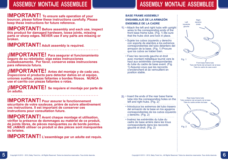 Assembly montaje assemblee, Important, Importante | BabyTrend BC26834 - TREND BOUNCER - JUNGLE SAFARI User Manual | Page 4 / 10