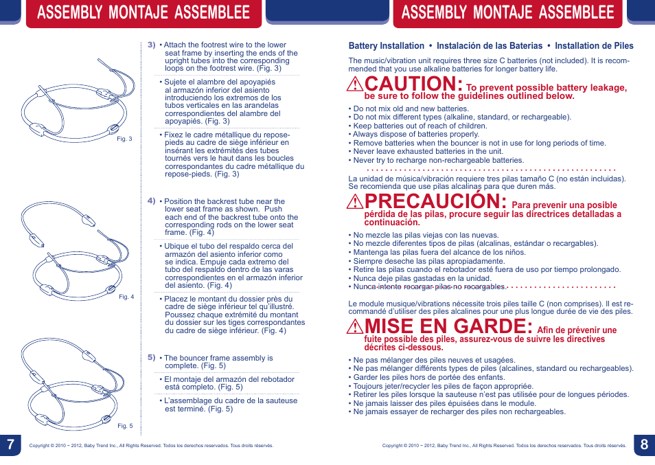 Caution, Precaución, Mise en garde | Assembly montaje assemblee | BabyTrend BC26834 - TREND BOUNCER - JUNGLE SAFARI User Manual | Page 5 / 10