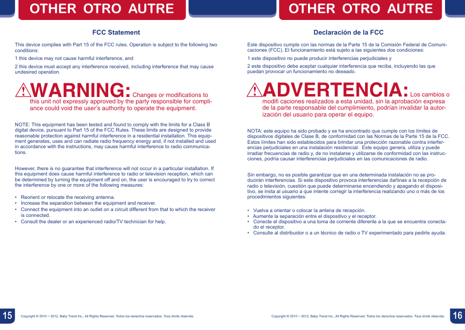 Warning, Advertencia, Other otro autre | BabyTrend BC26834 - TREND BOUNCER - JUNGLE SAFARI User Manual | Page 9 / 10
