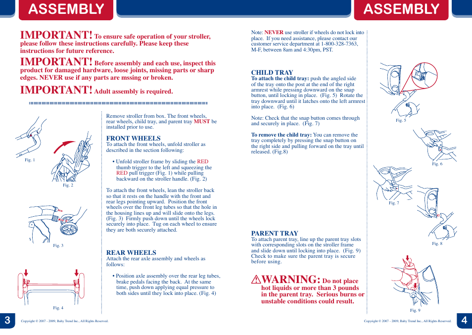 Assembly, Important, Warning | BabyTrend 1865CT - TRAVEL SYSTEM - ORANGE OAK User Manual | Page 3 / 6