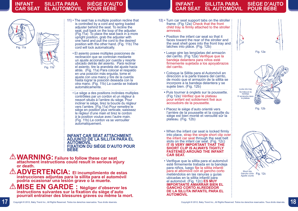 Warning, Advertencia, Mise en garde | BabyTrend TS57834 - ENVY5 TRAVEL SYSTEM - JUNGLE SAFARI User Manual | Page 10 / 12