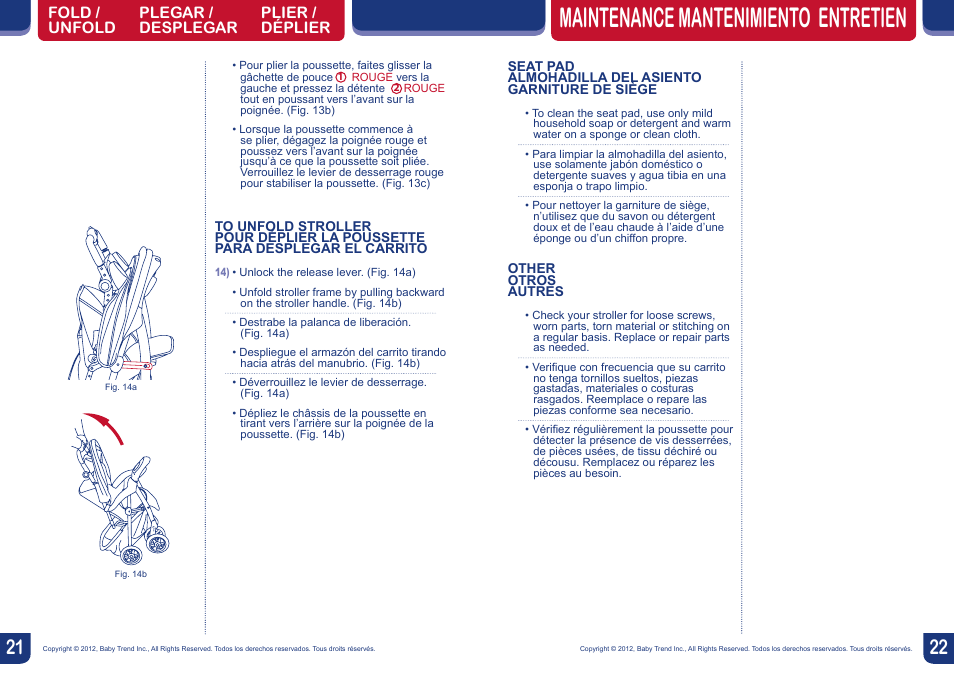 Maintenance mantenimiento entretien | BabyTrend TS57834 - ENVY5 TRAVEL SYSTEM - JUNGLE SAFARI User Manual | Page 12 / 12