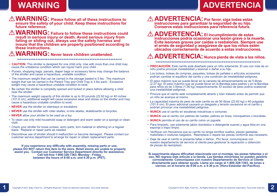 Warning, Advertencia | BabyTrend TS57834 - ENVY5 TRAVEL SYSTEM - JUNGLE SAFARI User Manual | Page 2 / 12