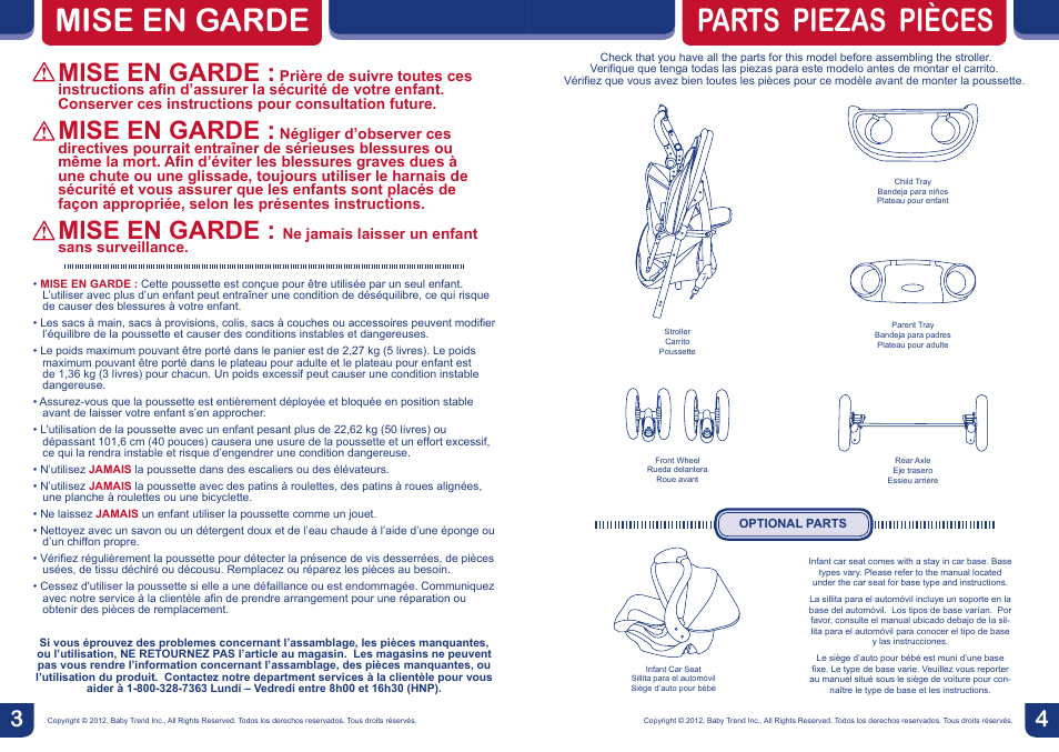 Mise en garde, Parts piezas pièces | BabyTrend TS57834 - ENVY5 TRAVEL SYSTEM - JUNGLE SAFARI User Manual | Page 3 / 12
