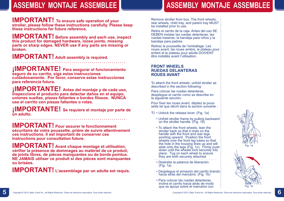 Assembly montaje assemblee, Important, Importante | BabyTrend TS57834 - ENVY5 TRAVEL SYSTEM - JUNGLE SAFARI User Manual | Page 4 / 12