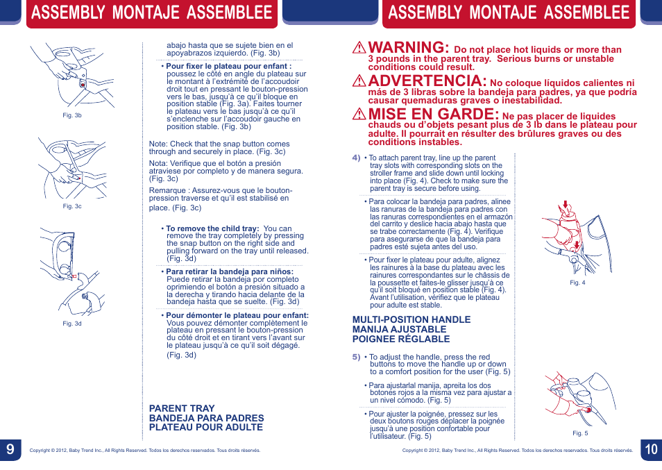 Assembly montaje assemblee, Warning, Advertencia | Mise en garde | BabyTrend TS57834 - ENVY5 TRAVEL SYSTEM - JUNGLE SAFARI User Manual | Page 6 / 12