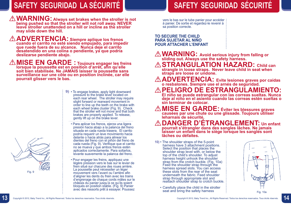 Safety seguridad la sécurité, Safety seguridad sécurité, Warning | Advertencia, Mise en garde, Strangulation hazard, Peligro de estrangulamiento, Danger d’étranglement | BabyTrend TS57834 - ENVY5 TRAVEL SYSTEM - JUNGLE SAFARI User Manual | Page 8 / 12