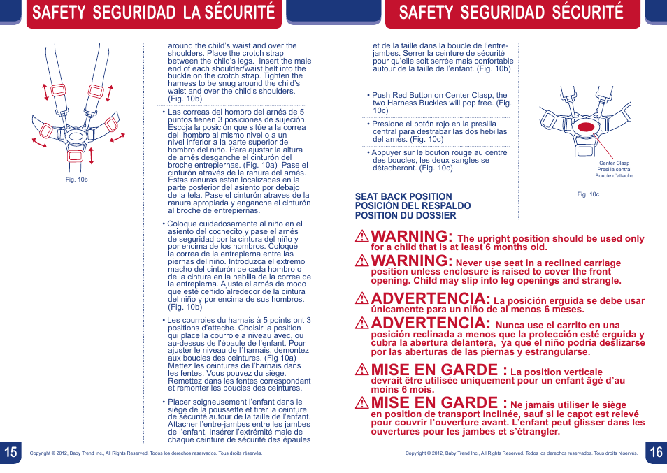 Safety seguridad la sécurité, Safety seguridad sécurité, Warning | Advertencia, Mise en garde | BabyTrend TS57834 - ENVY5 TRAVEL SYSTEM - JUNGLE SAFARI User Manual | Page 9 / 12