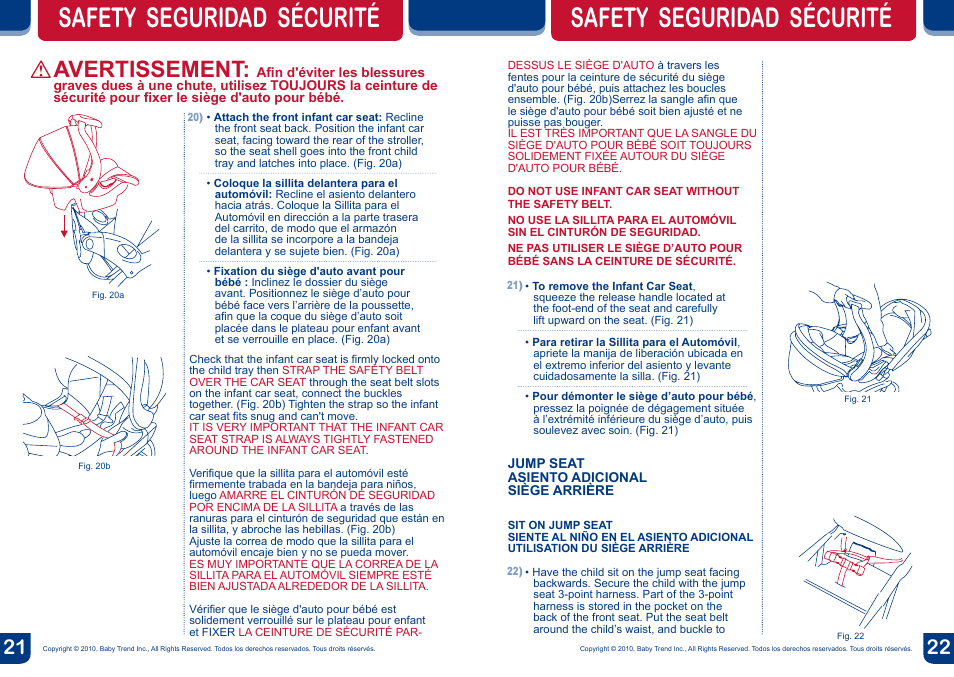 Safety seguridad sécurité, Avertissement | BabyTrend TN74740 - SIT N' STAND DX TRAVEL SYSTEM - VANGUARD User Manual | Page 12 / 14